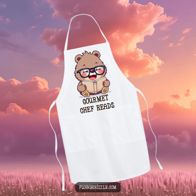 Funny apron with a laughing grizzly bear wearing oversized glasses, reading a tiny book, bringing literary humor to kitchen tasks.