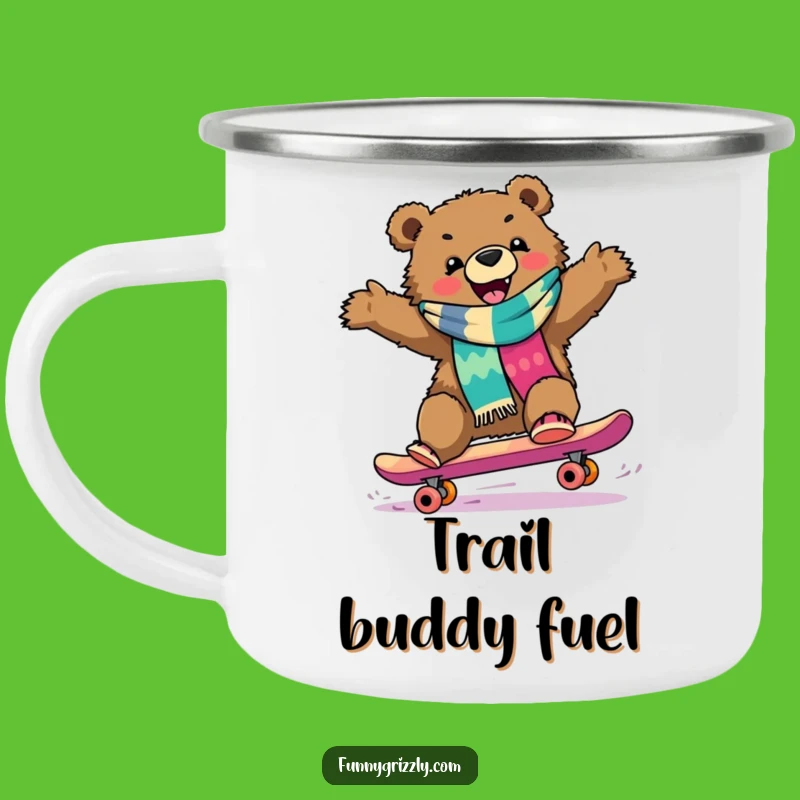 Funny Grizzly Skateboarder Camping Mug, Rugged Humor for Outdoor Adventures
