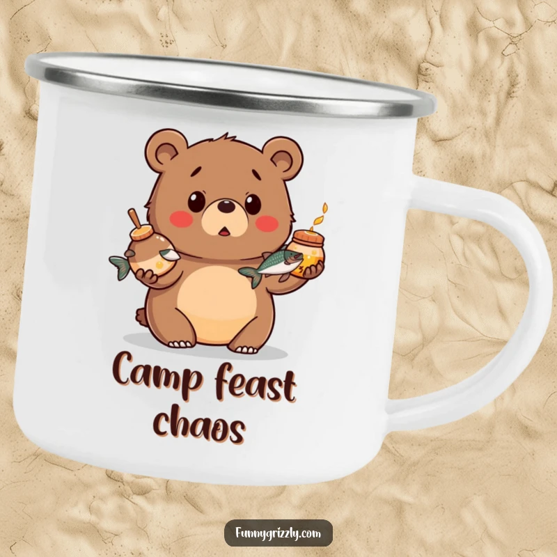 Funny camping mug of a chubby grizzly bear looking surprised while juggling a honey pot and a salmon, ideal for outdoor drinks.