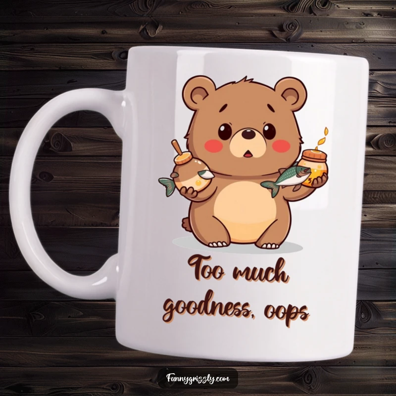 Funny mug featuring a chubby grizzly bear looking surprised while juggling a honey pot and a salmon, a comical depiction of delightful chaos.