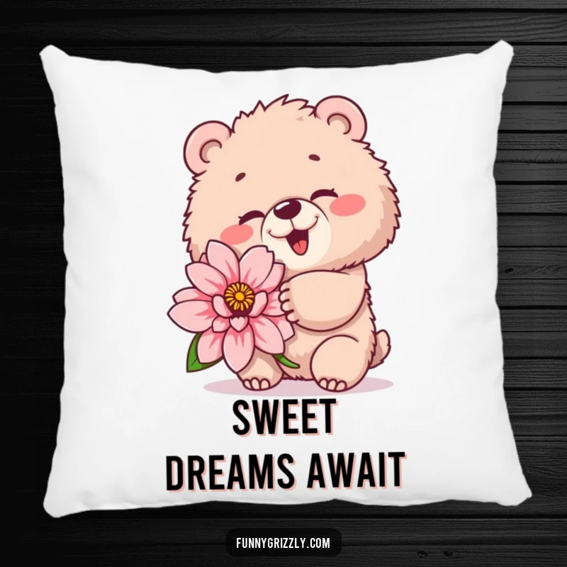 Funny pillow with a fluffy grizzly bear winking playfully while holding a giant flower, offering soft humor and cozy charm.