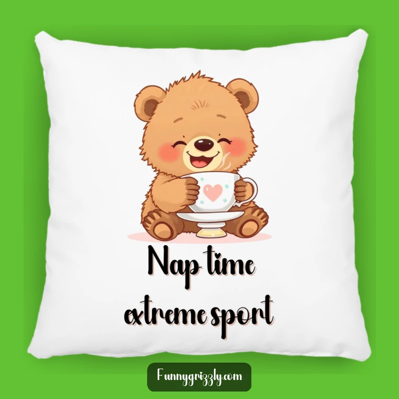 Funny Grizzly Bear Cub Teacup Pillow: Soft Cushion with Adorable Humor