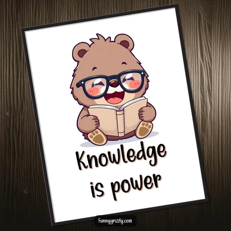 Funny poster print of a laughing grizzly bear wearing oversized glasses, reading a tiny book, adding intellectual humor to wall decor.