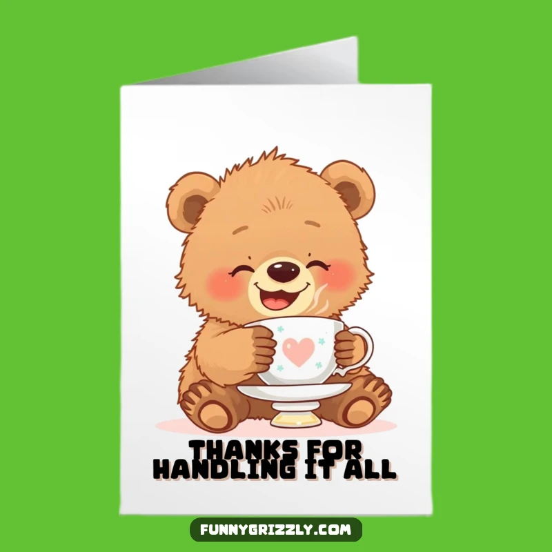 Free Printable Thank You Card: Bear Cub Teacup Balance Funny Downloadable Gift