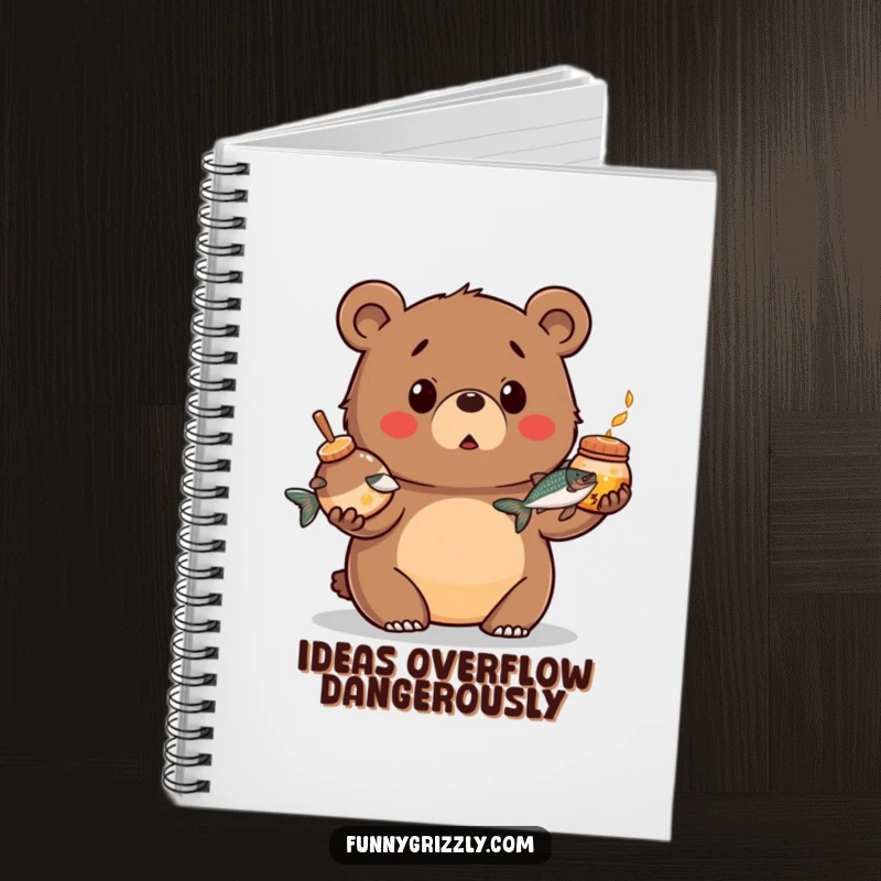 Funny notebook with a chubby grizzly bear looking surprised while juggling a honey pot and a salmon, perfect for jotting notes humorously.