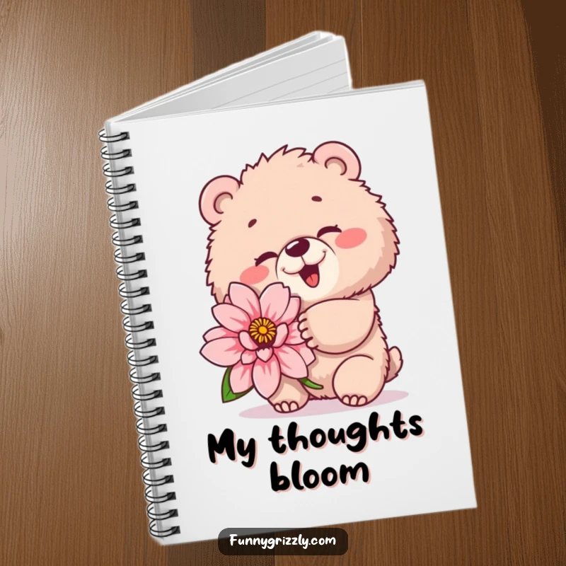 Funny notebook with a fluffy grizzly bear winking playfully while holding a giant flower, perfect for jotting notes humorously.