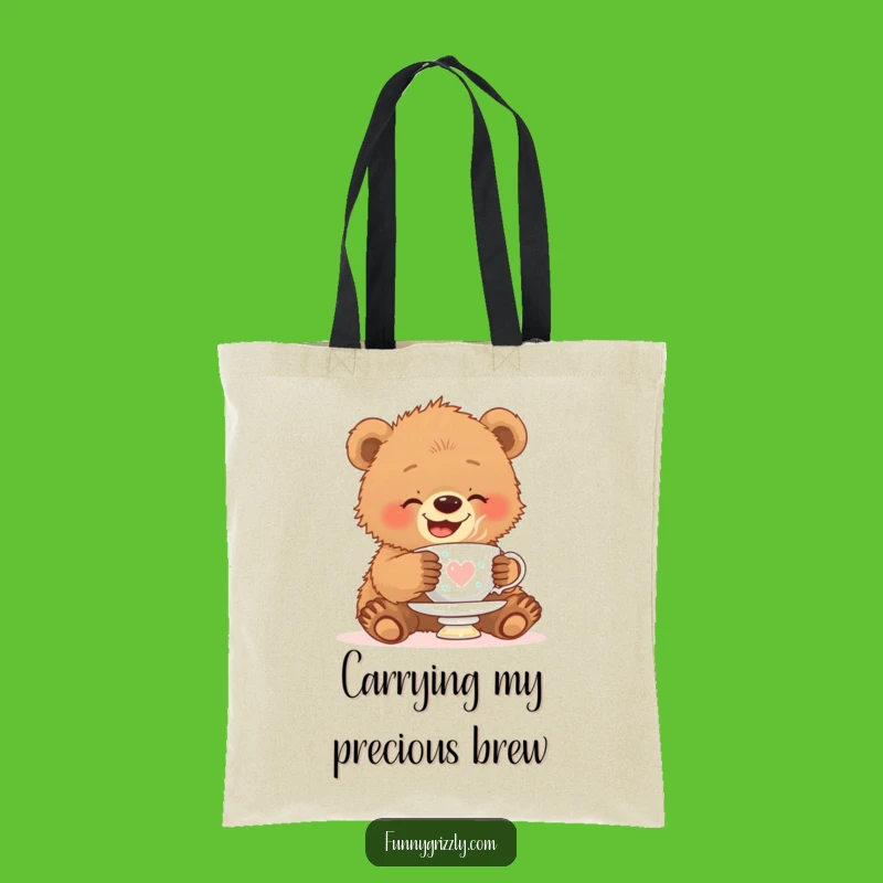 Funny Grizzly Bear Cub Teacup Tote Bag: Carry Your Items with Cute Humor